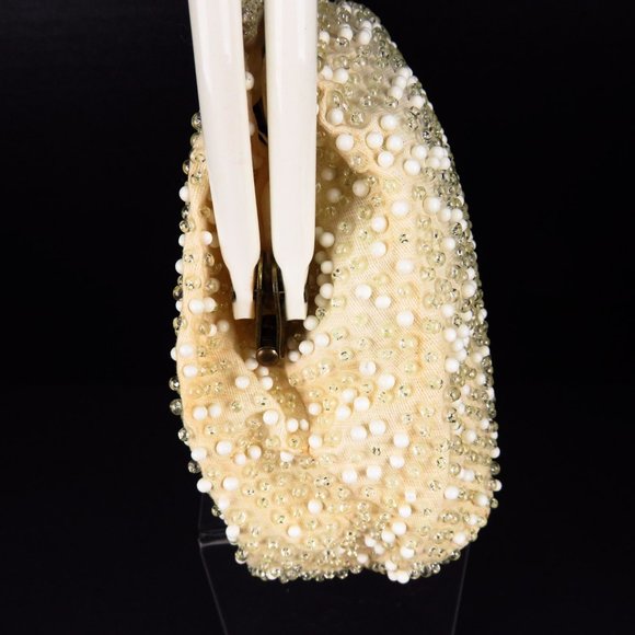 Lumured Corde Bead Evening Bag Ivory Wedding Vtg - Picture 5 of 8